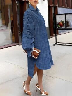 Women's Plus Size Shirt Dress Casual Dress Shift Dress Midi Dress Outdoor Daily Date Polyester Basic Classic Shirt Collar Ruched Button Long Sleeve Spring Fall Winter 2023 Loose Fit Blue Plaid Pure -HANA Luxury Wear Shop wqffpc1693226663841