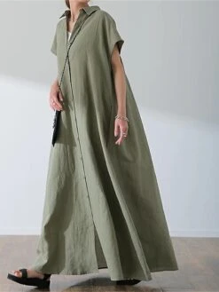 Women's Shirt Dress Casual Dress Swing Dress Maxi Long Dress Outdoor Daily Date Polyester Fashion Modern Shirt Collar Button Short Sleeve Fall 2023 Loose Fit ArmyGreen Blue Brown Plain S M L XL -HANA Luxury Wear Shop wqidng1693451924103