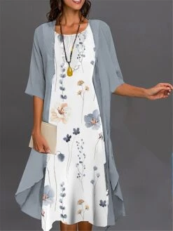 Women's Two Piece Dress Set Casual Dress Print Black Dress Outdoor Daily Fashion Elegant Print Midi Dress Crew Neck 3/4 Length Sleeve -HANA Luxury Wear Shop wqokkr1692958422105