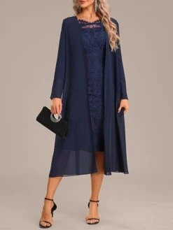 Women's Two Piece Dress Set Party Dress Lace Dress Party Outdoor Fashion Streetwear Lace Midi Dress Off Shoulder Long Sleeve Plain Regular Fit Navy Blue Fall Winter S M L XL XXL -HANA Luxury Wear Shop wqopsy1697450717934