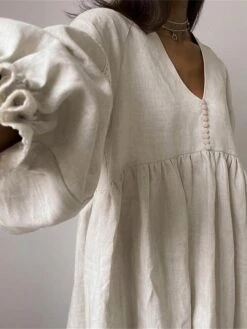 Women's Casual Dress Cotton Linen Dress Swing Dress Mini Dress Linen / Cotton Blend Fashion Modern Outdoor Daily Vacation V Neck Lace Ruched Long Sleeve Fall Winter Autumn 2023 Loose Fit Blue Brown -HANA Luxury Wear Shop wqzfhp1692961124520