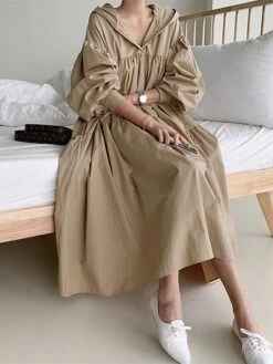 Women's Casual Dress Cotton Linen Dress Swing Dress Maxi Long Dress Linen / Cotton Blend Fashion Basic Outdoor Daily Vacation Hooded Ruched Pocket Long Sleeve Fall Winter Autumn 2023 Loose Fit Black -HANA Luxury Wear Shop wrftvd1693553160421