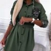 Women's Shirt Dress Mini Dress Winter Dress Daily Date Polyester Polyester / Cotton Fashion Casual Shirt Collar Lace Tie Belt Long Sleeve Summer Spring Fall 2022 Regular Fit Yellow Green Geometric -HANA Luxury Wear Shop wrhejk1606384301775