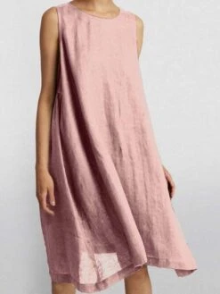 Women's Casual Dress Cotton Linen Dress Swing Dress Midi Dress Cotton Blend Basic Casual Outdoor Daily Crew Neck Ruched Sleeveless Summer Spring 2023 Loose Fit Pink Blue Brown Pure Color S M L XL 2XL -HANA Luxury Wear Shop wrnnyo1677657846876