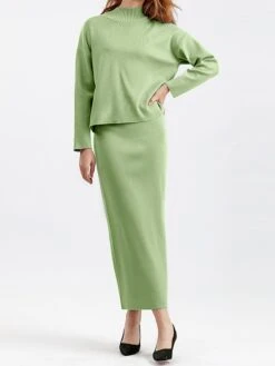 Women's Two Piece Dress Set Casual Dress Skirt Set Outdoor Daily Fashion Streetwear Split Ribbed Midi Dress Turtleneck Long Sleeve Plain Loose Fit Black Light Green Blue Fall One-Size -HANA Luxury Wear Shop wrusvd1693278283421