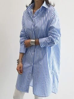 Women's Shirt Dress Casual Dress Mini Dress Outdoor Daily Polyester Fashion Modern Shirt Collar Button Print Long Sleeve Summer Spring Fall 2023 Loose Fit Blue Khaki Striped S M L XL 2XL -HANA Luxury Wear Shop wrwvpe1689227110623