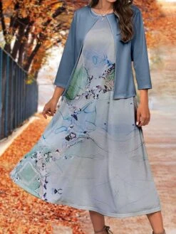 Women's Two Piece Dress Set Casual Dress Swing Dress Outdoor Office Fashion Streetwear Print Midi Dress Crew Neck 3/4 Length Sleeve Floral Ombre Regular Fit Pink Blue Purple Fall Winter S M L XL XXL -HANA Luxury Wear Shop wsauhr1697782927185