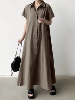 Women's Shirt Dress Casual Dress Maxi Long Dress Outdoor Daily Cotton Linen Basic Classic Shirt Collar Button Short Sleeve Summer Spring 2023 Loose Fit Navy Blue Brown Green Pure Color S M L XL XXL -HANA Luxury Wear Shop wsbtut1688542129564