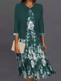 Women's Two Piece Dress Set Casual Dress Swing Dress Outdoor Office Fashion Streetwear Print Midi Dress Crew Neck 3/4 Length Sleeve Floral Regular Fit Black Purple Green Fall Winter S M L XL XXL -HANA Luxury Wear Shop wsfkqd1695364269868