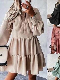 Women's Shirt Dress Casual Dress Mini Dress Outdoor Daily Date Polyester Fashion Modern Crew Neck Ruched Ruffle Long Sleeve Fall Winter 2023 Loose Fit Black Pink Green Plain S M L XL
