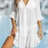 Women's Shirt Dress Casual Dress Mini Dress Outdoor Daily Polyester Hot Basic Shirt Collar Ruffle Button Half Sleeve Summer Spring 2023 Loose Fit Black White Apricot Plain S M L XL 2XL -HANA Luxury Wear Shop wsrxng1689227076622