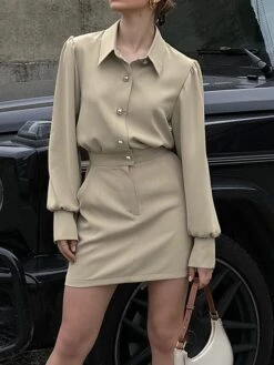 Women's Shirt Dress Work Dress Bodycon Mini Dress Outdoor Business Date Polyester Fashion Modern Shirt Collar Button Pocket Long Sleeve Fall Winter 2023 Regular Fit Khaki Pure Color S M L -HANA Luxury Wear Shop wtbhme1695644896827