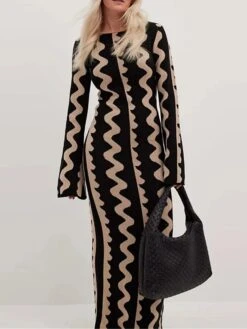 Women's Sweater Dress Winter Dress Jumper Dress Long Dress Maxi Dress Active Stripe Print Outdoor Street Daily Vacation Crew Neck Long Sleeve Print 2023 Slim Black Khaki S M L XL -HANA Luxury Wear Shop wtlncb1695111726236