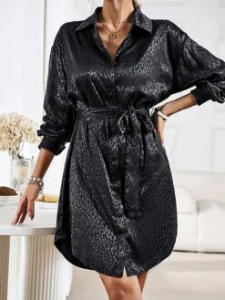 Women's Shirt Dress Midi Dress Outdoor Date Vacation Satin Fashion Elegant Shirt Collar Lace Up Button Long Sleeve Spring Fall Winter 2023 Loose Fit Black Wine Brown Pure Color S M L XL -HANA Luxury Wear Shop wtmmjg1692856945855