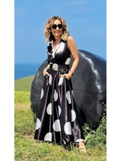Women's Shirt Dress Casual Dress Swing Dress Maxi Long Dress Outdoor Office Daily Satin Fashion Modern Shirt Collar Button Pocket Sleeveless Summer Spring 2023 Regular Fit Black White Green Polka Dot -HANA Luxury Wear Shop wtszog1690352513461