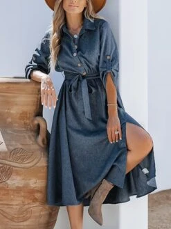 Women's Shirt Dress Casual Dress Midi Dress Outdoor Daily Date Polyester Basic Classic Shirt Collar Lace Up Button Long Sleeve Spring Fall Winter 2023 Loose Fit Navy Blue Pure Color S M L XL -HANA Luxury Wear Shop wtzzxz1692180015499