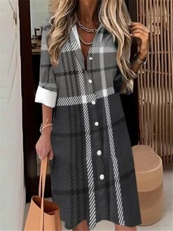 Women's Shirt Dress Casual Dress Midi Dress Outdoor Office Daily Polyester Fashion Modern Shirt Collar Button Pocket Long Sleeve Fall Winter 2023 Loose Fit Pink Brown Gray Plaid S M L XL 2XL -HANA Luxury Wear Shop wuvalk1695027656747