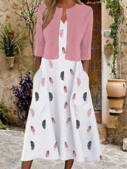 Women's Two Piece Dress Set Casual Dress Tank Dress Outdoor Daily Vintage Ethnic Pocket Print Midi Dress V Neck 3/4 Length Sleeve Floral Print Loose Fit Black White Pink Summer Spring S M L XL XXL -HANA Luxury Wear Shop wvexis1689736345264
