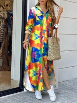Women's Shirt Dress Maxi Long Dress Winter Dress Street Causal Polyester Spandex Basic Elegant Collar Pocket Split Long Sleeve Summer Spring Fall 2022 Loose Fit Multicolor Newspaper Diamond Geometric -HANA Luxury Wear Shop wvoaml1629256197640