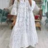 Women's Shirt Dress Casual Dress Swing Dress Maxi Long Dress Outdoor Daily Vacation Cotton Fashion Modern Split Neck Lace Button 3/4 Length Sleeve Summer Spring Fall 2023 Loose Fit White Yellow Red -HANA Luxury Wear Shop wwdkbt1688700130878