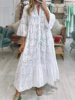 Women's Shirt Dress Casual Dress Swing Dress Maxi Long Dress Outdoor Daily Vacation Cotton Fashion Modern Split Neck Lace Button 3/4 Length Sleeve Summer Spring Fall 2023 Loose Fit White Yellow Red