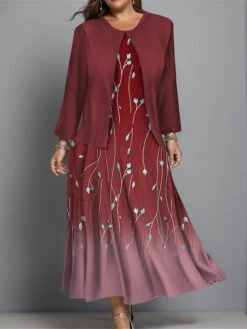 Women's Plus Size Two Piece Dress Set Casual Dress Swing Dress Outdoor Office Fashion Streetwear Print Midi Dress Crew Neck Long Sleeve Floral Ombre Regular Fit Wine Blue Green Fall Winter L XL XXL -HANA Luxury Wear Shop wwfzwn1697444372969
