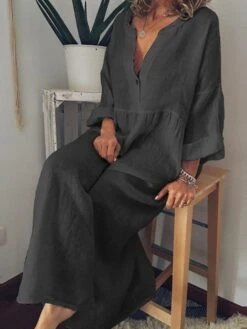 Women‘s Casual Dress Shirt Dress Cotton Dress Shift Dress Maxi Long Dress Cotton Casual Winter Dress Daily Holiday Split Neck Button Rolled Cuff Long Sleeve Spring Fall Winter 2023 Loose Fit -HANA Luxury Wear Shop wwgnom1653278536721