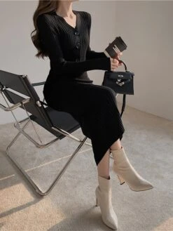 Women‘s Sweater Dress Winter Dress Sheath Dress Midi Dress Black White Green Long Sleeve Pure Color Button Fall Winter Autumn V Neck Stylish Winter Dress Fall Dress 2023 One-Size -HANA Luxury Wear Shop wwisut1665656618010