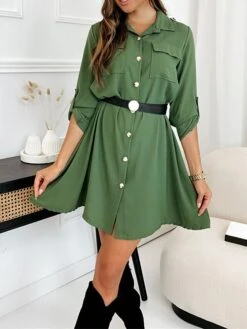 Women's Shirt Dress Casual Dress Mini Dress Outdoor Daily Vacation Cotton Fashion Modern Shirt Collar Button Pocket Long Sleeve Fall Winter 2023 Regular Fit Black Brown Green Pure Color XS S M L XL -HANA Luxury Wear Shop wwqduh1695813906950
