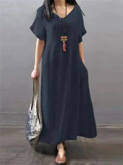 Women's Casual Dress Cotton Linen Dress A Line Dress Maxi Long Dress Cotton Blend Daily Classic Outdoor Daily Vacation V Neck Pocket Baggy Short Sleeve Summer Spring 2023 Loose Fit Red Blue Green -HANA Luxury Wear Shop wwuwtg1686559614296