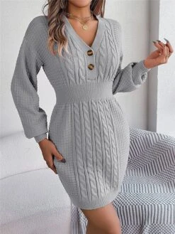 Women's Sweater Dress Winter Dress Jumper Dress Mini Dress Active Pure Color Outdoor Casual Holiday Vacation V Neck Long Sleeve Button 2023 Regular Fit White Pink Green S M L -HANA Luxury Wear Shop wwvnet1696926545128