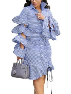 Women's Shirt Dress Sheath Dress Midi Dress Winter Dress Daily Vacation Polyester Cotton Blend Fashion Casual Shirt Collar Lace Up Ruched Long Sleeve Summer Spring Fall 2022 Regular Fit Red Light Blue