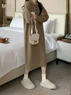 Women's Sweater Dress Jumper Dress Casual Dress Midi Dress Fashion Pure Color Outdoor Daily Vacation Going Out Lapel Long Sleeve Patchwork Button 2023 Regular Fit White Camel One Size -HANA Luxury Wear Shop wxprqv1695280924940
