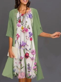 Women's Two Piece Dress Set Casual Dress Dress Set Outdoor Daily Fashion Elegant Print Midi Dress Crew Neck 3/4 Length Sleeve Floral Regular Fit White Blue Green Summer Spring S M L XL XXL