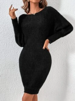 Women's Sweater Dress Winter Dress Jumper Dress Midi Dress Patchwork Street Daily Date Fashion Streetwear Crew Neck Long Sleeve 2023 Slim Black White Khaki Color S M L XL Size -HANA Luxury Wear Shop wxxofw1692095369587