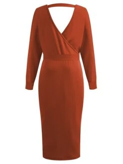 Women's Sweater Dress Winter Dress Jumper Dress Midi Dress Lace Up Split Daily Date Going Out Active Fashion V Neck Long Sleeve 2023 Regular Fit Black Yellow Fuchsia Color S M L XL XXL Size -HANA Luxury Wear Shop wyfvbc1692857080298