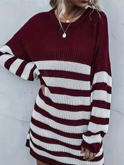 Women's Sweater Dress Jumper Dress Casual Dress Mini Dress Warm Color Block Outdoor Casual Daily Going Out Crew Neck Long Sleeve Patchwork 2023 Loose Fit Wine S M L
