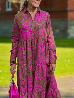 Women's Shirt Dress Casual Dress Swing Dress Maxi Long Dress Outdoor Daily Vacation Satin Fashion Modern Shirt Collar Button Print Long Sleeve Spring Fall 2023 Loose Fit Dark Pink Floral S M L XL 2XL -HANA Luxury Wear Shop wymihw1692004790819