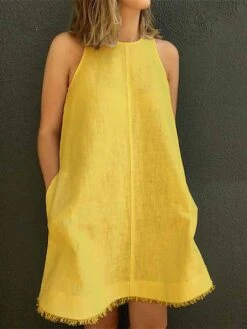 Women's Casual Dress Cotton Linen Dress White Dress Mini Dress Cotton Blend Casual Outdoor Daily Vacation Crew Neck Pocket Sleeveless Summer Spring 2023 Loose Fit Black White Yellow Pure Color S M L -HANA Luxury Wear Shop wzdguc1680163650135
