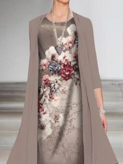 Women's Dress Set Two Piece Dress Church Dress Midi Dress Light Brown Light Grey Half Sleeve Floral Print Summer Spring Fall Crew Neck Elegant Wedding Guest Vacation 2023 S M L XL XXL 3XL -HANA Luxury Wear Shop wzrntm1664181819970