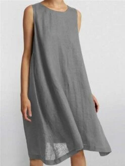 Women's Casual Dress Cotton Linen Dress Swing Dress Midi Dress Cotton Blend Basic Casual Outdoor Daily Crew Neck Ruched Sleeveless Summer Spring 2023 Loose Fit Pink Blue Brown Pure Color S M L XL 2XL -HANA Luxury Wear Shop wzvaop1677657848465