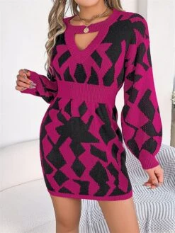 Women's Sweater Dress Jumper Dress Casual Dress Mini Dress Fashion Geometric Color Block Outdoor Daily Going Out Crew Neck Long Sleeve Cut Out 2023 Loose Fit Green Khaki Rose Red S M L -HANA Luxury Wear Shop xattfv1695813743442