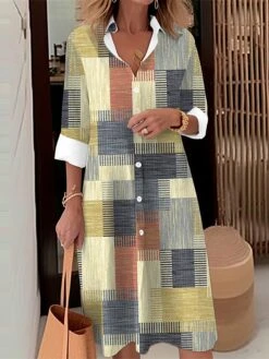 Women's Shirt Dress Casual Dress Midi Dress Outdoor Daily Date Polyester Fashion Modern Shirt Collar Button Pocket Long Sleeve Fall Winter 2023 Loose Fit Blue Orange Khaki Geometric Plaid S M L XL 2XL