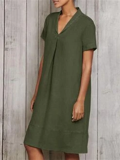 Women's Casual Dress Cotton Linen Dress A Line Dress Midi Dress Linen Cotton Blend Fashion Modern Outdoor Daily Vacation V Neck Ruched Short Sleeve Summer Spring 2023 Loose Fit ArmyGreen Wine Sky Blue -HANA Luxury Wear Shop xbkklu1678262787267