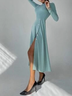 Women's Sweater Dress Winter Dress Jumper Dress Midi Dress Button Split Daily Date Going Out Fashion Basic Crew Neck Long Sleeve 2023 Regular Fit Black Blue Camel Color S M L XL Size -HANA Luxury Wear Shop xbnofs1692357245497