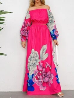 Women's Two Piece Dress Set Casual Dress Skirt Set Daily Going Out Casual Ruched Print Long Dress Maxi Dress Off Shoulder Long Sleeve Floral Regular Fit Blue Green Rose Red Fall Winter S M L XL XXL -HANA Luxury Wear Shop xbqmea1692339427306