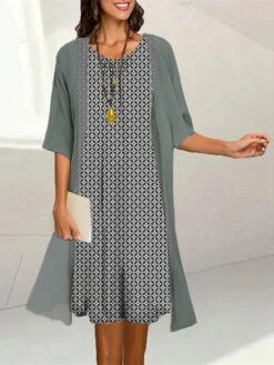 Women's Two Piece Dress Set Casual Dress Print Dress Outdoor Daily Fashion Elegant Print Midi Dress Crew Neck 3/4 Length Sleeve Geometric Loose Fit Yellow Pink Blue Summer Spring S M L XL XXL -HANA Luxury Wear Shop xcddzs1689736242744