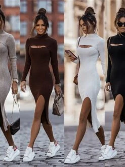 Women's Sweater Dress Jumper Dress Casual Dress Midi Dress Fashion Plain Outdoor Casual Daily Going Out Turtleneck Long Sleeve Cut Out 2023 Slim Black White Brown S M L XL XXL 3XL -HANA Luxury Wear Shop xcjvta1694427632177