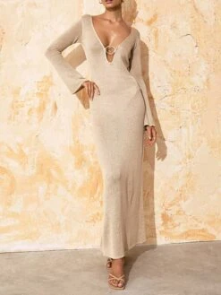 Women's Sweater Dress Winter Dress Jumper Dress Long Dress Maxi Dress Backless Hollow Out Outdoor Daily Date Active Fashion V Neck Long Sleeve 2023 Regular Fit Black Khaki Color S M L Size -HANA Luxury Wear Shop xckfhw1692696049263
