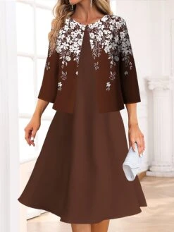 Women's Two Piece Dress Set Casual Dress Swing Dress Outdoor Office Fashion Streetwear Print Midi Dress Crew Neck 3/4 Length Sleeve Floral Regular Fit Wine Navy Blue Blue Spring Fall S M L XL XXL -HANA Luxury Wear Shop xcmifl1691646778184